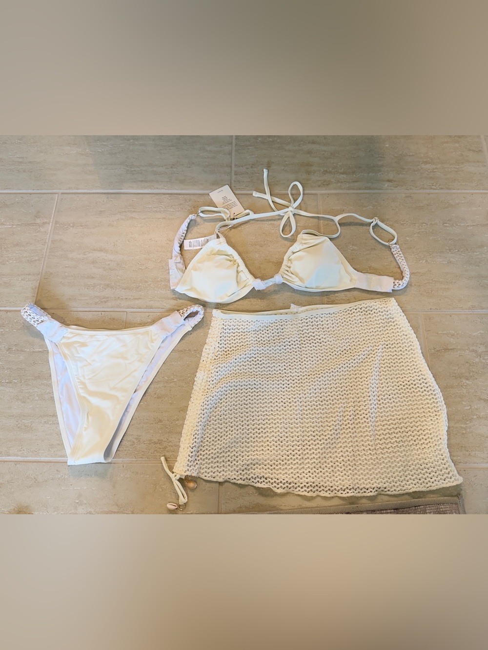 Cupshe White Crochet Swim Set – Bikini Top, Bottom & Skirt Cover-Up